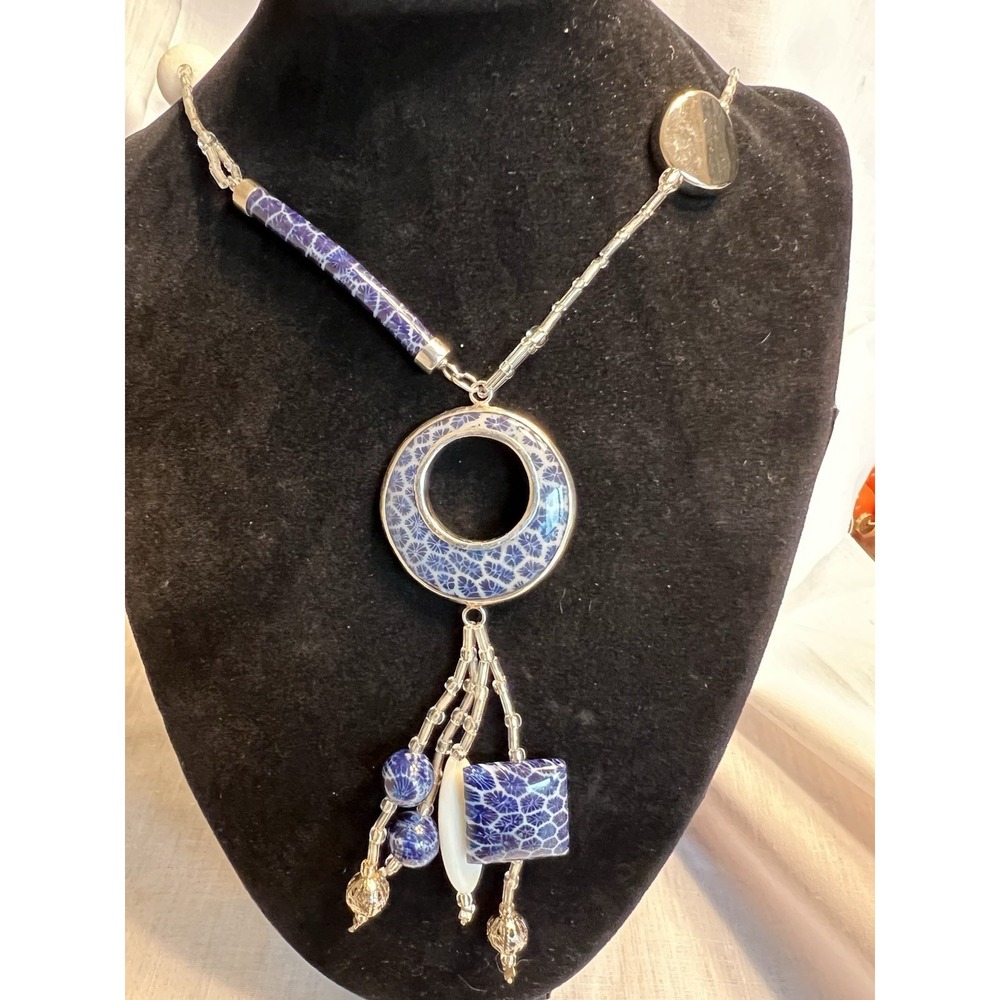 Blue and White Coral Statement Necklace Round Pendant Silver-toneJewelry